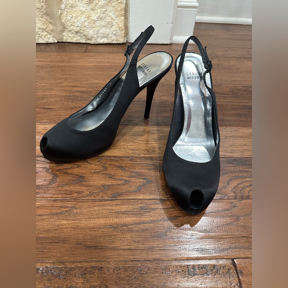 Stuart Weitzman Black Satin Stiletto Peep Toe Slingback High Heels Women’s 9 M
